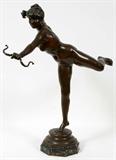 LOT#2001  JEAN ALEXANDRE JOSEPH FALGUIERE [FRENCH 1831-1900] BRONZE SCULPTURE H 21 1/4" "NYMPH CHASSERESSE", Nude figure of a woman standing on one foot with a bow in her hand.  Inscribed A Falguiere with Thiebaut Foundry seal.  Medium brown patina and atop an octagonal marble base H 1 1/2.