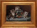 LOT#2008  MARIE LAUX (GERMAN B. 1852), OIL ON CANVAS, 10" X 14", "KITTENS BY A GOLDFISH BOWL", Signed lower left; gilt frame.  Provenance:  Guarisco Gallery, Washington, DC, 1982