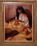LOT#2009  MICHAEL DESATNICK (US B. 1943), OIL ON MASONITE, 1984, 40" X 28", "INDIAN GIRL WITH CRADLE BOARD", Signed upper left; framed.  Purchased from Trailside Galleries, Scottsdale, AZ, 4-25-1985.