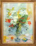 LOT#2007  LE PHO (FRENCH 1907-2001), OIL ON CANVAS, 53" X 40", "LES TOKYOS ET LES ANTHURIUMS", Signed lower left; framed.  Provenance:  Wally Findlay Galleries, Chicago, #69583.  Illustrated in the brochure for the "East Meets West" exhibition, 8-8-'92.
