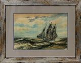 LOT#2015  ROBERT HOPKIN [AMERICAN 1832-1909], WATERCOLOR ON PAPER, 13" X 19", THREE MASTED BARQUE, A seascape depicting a three masted barque in troubled waters.  Signed lower right.  Framed and matted under glass.  Measured in the unopened frame.