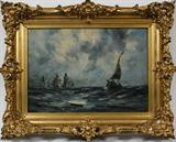 LOT#2014  ROBERT HOPKIN [SCOTTISH/AMERICAN 1832-1902] OIL  ON CANVAS 14" X 20" "SAILING SHIPS AT SEA", Depicting a group of ships in a regatta.  Signed lower left and framed.  Ex. Collection Margaret Bailey, purchased from the artist in 1900.