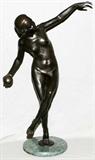 LOT#2023  LUCIEN ALLIOT (FRENCH 1877-1956) BRONZE SCULPTURE H44", L 18", D 11" "DANSEUSE À LA BOULE", Marked L Alliot.  On marble base.