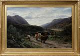 LOT#2029  DAVID FARQUHARSON (SCOTTISH, ARSA, ARA, 1840-1907, OIL ON CANVAS, 32" X 49", HIGHLAND DROVE, Signed lower left.  Date "18-".  Verso torn label with John Stewart, upper center label Robert R. Nelson, From the estate of John and Donalda McDonald of Farmington, MI who purchased the painting in Scotland in 1961 while on their honeymoon.  Farquharson was an associate of the Royal Scottish Academy and belonged to the Royal Scottish Society in Watercolor.