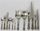 LOT#2044  REED & BARTON 'FRANCIS I' STERLING FLATWARE, 98 PIECES (SERVICE FOR TWELVE), (12) place forks  21.99 Troy oz. (12) Dessert or salad forks, 14.30  oz. (24) Tea Spoons, 24.46 Troy oz. (12) Soup spoons,  11.63 Troy oz.  (12) Butter knives,12.50  Troy oz. -  (1) Large serving spoon, 4.27 oz.{size 9 1/2" L. (1) Small sauce ladle, .96 Troy oz. {size 5 1/2" Long }. (3) Lg, Serv, Spoons  7.74 Troy oz. {size 8 1/4" Long }. (1) Large gravy ladle,  2.41 Troy oz.  {size 6 3/4" Long  (1) Meat fork, 4.59 Troy oz.  {size 9 1/2" Long  (1) Serving Fork,  2.18 Troy oz.   8" Long  (1) Small pickle Fork,  0 .41 Troy oz.  Size 4 1/2" Long. Two piece fowl carving knife and fork. Two pieces roast  carving knife and fork.