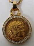 LOT#2065  22KT ROMAN ANCIENT COIN & 2.00CT DIAMOND NECKLACE, DIA 1 1/2", G-color, Vs-2 clarity.  18kt yellow gold & chain.  66.6 grams.