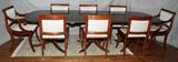 LOT#2152  FEDERAL STYLE MAHOGANY DINING TABLE &  8 CHAIRS, C. 1950's, Three pedestal table, H 29", L 108" (closed), W 41", with two leaves and holder.  Stripe silk white and silver seats.