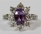 LOT#2166  2.45CT PURPLE SAPPHIRE & 1.26CT DIAMOND RING, 6 1/2, GIA, No heat purple sapphire.  G-color, Vs-2 clarity.  Additional side baguettes:  .50ct, G-color, Vs-2 clarity.  14kt white gold.  6.8 grams.