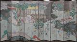 LOT#2196  HAND PAINTED TWELVE PANEL CHINESE SCREEN, H 7', W 15 1/2" EACH, Black encased wood border.  Oriental scene with children & adults playing, reading, sword fighting, etc.  Colors of greens, browns, yellows, grey and some rose.  Signed and stamped upper right.