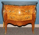 LOT#2263  LOUIS XV STYLE MARBLE TOP COMMODE, H 34", L 39", D 19, Featuring two drawers, walnut and satinwood with a serpentine front, ormolu accents and handles.