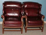 LOT#2264  BURGUNDY LEATHER WING BACK CHAIRS, 43" X 28" X 38", PAIR, H 43", L 28", D 38"