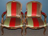 LOT#2266  LOUIS XV STYLE CARVED WALNUT OPEN ARM CHAIRS, PAIR, H 39", L 27", Featuring stripped upholstery.
