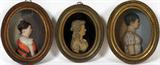 LOT#2283  FRENCH OR VIENNESE FEMALE MINIATURE WAX PORTRAITS 3, 19TH C., 3 1/4" X 1 3/4" TO 4" X 1 7/8", Queen Marie Antoinette; widow of wife of Hinch Manheim; unidentified Viennese woman; all in oval gilt period frames.
