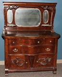 LOT#2278  VICTORIAN OAK CUPBOARD, H 63", L 49", D 23", The lower section has three drawers over two doors while upper section features a mirrored back.