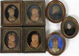LOT#2285  19TH C. GERMAN PROFILE WAX PORTRAITS, 7, 2 3/4" X 1 3/4" TO 2 1/4" X 1 1/2", SCHROPP FAMILY, Schropp Family of Halberstadt Germany; some are colored; gilt period rectangular and oval frames.