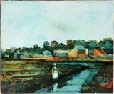 LOT#2325  DONALD ROY PURDY (AMERICAN, B. 1924), OIL ON MASONITE, 20" X 24", "THE BRIDGE", Signed lower left; titled on verso; unframed.