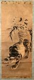 LOT#2413  JAPANESE INK ON PAPER TORA TIGER ANTIQUE SCROLL, 49" X 20" ARTWORK, Possibly mid Edo - maybe c. 1780; unsigned; 2 red seals.