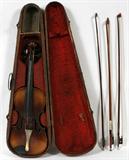 LOT#2432  19TH C. VIOLIN (NO LABEL) WITH 3 BOWS, Violin is 23 1/2" long; case; violin and bows are unmarked.  As is.