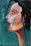 LOT#2445  ALI SABELLA (21ST C.), ACRYLICS ON CANVASES, SET OF TWO, 9" X 12", 'OPEN WIDE' Two panels form one image of a woman's profile.  One is signed at the lower left.  Both are unframed.