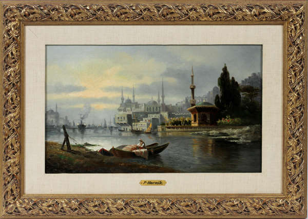 Lot# 1 F. HERINK (1843-1902), OIL ON CANVAS, 19TH C., 12 1/2" X 21", VIEW OF BEIRUT, Signed "F. Herink" lower left (see photo) and titled "Vue of Beyrut" on the stretcher (see photo), gilt wood frame.