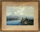 Lot# 3 NOEL H. LEAVER (ENG. 1889-1951), WATERCOLOR, 14" X 21", "ON LAKE GARDA", mountain lake scene. Signed lower right. Biography of artist on verso. Framed and matted under glass.