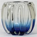 Lot# 4 SCHNEIDER, HAND BLOWN CENTERPIECE BOWL, H 9", DIA 9", fluted sides; Clear at rim to blue base. Stamped 'Schneider' on side, capital letters and underlined. Believed to be 1924-1930.