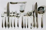 Lot# 11 TOWLE, M B CO. (CANADA), AND OTHER ASSORTED STERLING FLATWARE SET, 87 PCS, Includes 8 knives, 8 dinner forks, 8 salad forks, 12 soup spoons, 12 tea spoons, 6 cream soups, 8 butter knives, 1 large serving knife, 4 piece serving set; 8 serving pieces , 5 small sterling spoons and 7 additional spoons.
