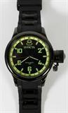 Lot# 33 "RUSSIAN INVICTA 1959 DIVER" WRISTWATCH, MODEL 1440, having a black face "Trinite Glow Trademark" Arabic numerals w, yellow outer band on face with minutes; "Water resistant to 100 M" at 6:oo; all stainless steel case; black rubber wrist band; inscribed on back of case: "Russian Invicta 1959 Diver" and "Signature Collection Model 1440, Between The Devil And The Deep Blue Sea Come Hell Or High Water Swiss Parts"; quartz movement and includes a yellow Invicta hinged box.
