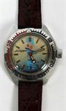 Lot# 32 RUSSIAN AMPHIBIA WATCH, having a beige to blue face, with the Russian Navy flag and warship; shock & water proof. 200m. 17 jewels. "Albatros" (Albatross at 9:00) . Made in USSR at 6:00. inscribed on case cover: "Anphibia and water resistant to 200 M" and #595842 "shock resistant"; alligator style leather band;