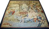 Lot# 48 EUROPEAN WOOL TAPESTRY, 20TH C, 5' 5" X 5' 10", depicts a flooding river, a Neptune figure at waters edge with woman. Possibly Anymone rescued by Neptune. Dark blue border.