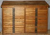 Lot# 58 HAMILTON MFG. CO. OAK FIFTY-DRAWER DOUBLE PRINTERS TYPE CABINET, H 52", L 72", Printer's type cabinet, manufactured by Hamilton Mfg. Co., Two Rivers, WI. Each drawer has an iron pull marked "Hamilton" and includes antique printer's blocks. Height includes a printers lay-out area which is H 8".