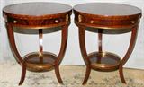 Lot# 64 MAITLAND SMITH MAHOGANY TABLES, PAIR, H 28", DIA 24", having a round burl wood top, single drawers, gilt brass trim at the bottom of the skirt with floral medallions above the legs, Maitland Smith brass name plate inside drawer. Three tapered and contoured legs attached to a round stretcher shelf with brass gallery.