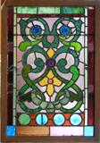 Lot# 71 HANGING LEADED GLASS WINDOW, H 34", W 23", colors of green, blue, wine, pink & yellow.