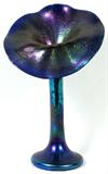 Lot# 93 JACK-IN-THE-PULPIT HAND BLOWN ART GLASS VASE, H 11", W 7", having an iridescent violet color;