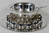 Lot# 135 'POOLE' SILVER PLATE, PUNCH BOWL SET, 15 PCS, Tray, dia, 20"; 12 cups, punch bowl, dia. 15", H 8". One ladle