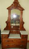 Lot# 146 AMERICAN ANTIQUE MAHOGANY DRESSER & WASHSTAND, Dresser, H 7", L 43", D 17". Washstand, H 37", L 32", D 17 1/2". Both having leaf & grape design. White with gray veined marble top.
