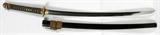 Lot# 191 JAPANESE SAMURAI SWORD, SIGNED BLADE, L 27", having a signed blade tang, 27" L. with a gilt Tsuba and Menuki, silk ito, WW II military style Fuchi and Kashira (brown metal with gilt paint); black lacquer painted wood scabbard;