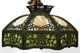 Lot# 203 LEADED ART GLASS HANGING LAMP, H 12", DIA 21", Leaf, berry, scrolling & urn design.