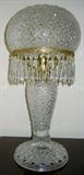 Lot# 208 CUT GLASS MUSHROOM SHAPED LAMP, H 26", Mushroom top with star octagonal shape design throughout with prisms hanging.
