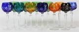 Lot# 225 BOHEMIAN CUT GLASS WINE GOBLETS, TWELVE, H 7", Featuring assorted colors cut to clear. Actual size: 7 1/2" H.