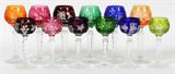 Lot# 227 BOHEMIAN CUT GLASS LIQUEUR GLASSES, TWELVE, Six H 5 1/4" and six H 4 3/8" of assorted colors cut to clear