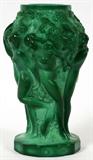 Lot# 229 MALACHITE GLASS VASE, NUDE FEMALES, H 5", DIA 3", Czechoslovakian Malachite vase depicting six female nude females harvesting grapes.