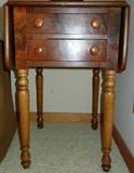 Lot# 244 MAHOGANY AMERICAN DROP LEAF SIDE TABLE, H 28", Two drawers with knob handles, spindle legs and tilt sides.