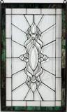 Lot# 340 LEADED AND STAINED GLASS WINDOW, H 22", W 35", Clear beveled glass with green and brown borders. Dimensions reflect overall size.