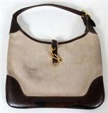 Lot# 323 HERMES LINEN & LEATHER TRIM HAND BAG, Brown & tan.