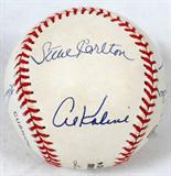 Lot# 359 HALL OF FAME PLAYER SIGNED BASEBALL, AL KALINE, STEVE CARLTON, RALPH KINER, ETC., NINE SIGNATURES, all Hall Of Fame players and include: Al Kaline, Steve Carlton, Ralph Kiner, Eddie Matthews, Willie Stargell, Louis Aparicio, Larry Doby, Duke Snider and Ferguson Jenkins, in plastic protective container and certificate of authenticity.