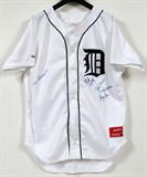Lot# 367 DETROIT TIGERS, ERNIE HARWELL AUTOGRAPHED, REPLICA HOME JERSEY, unframed and include signatures of Detroit Tiger's Hall Of Fame announcer Ernie Harwell; also players Rusty Kuntz, John Grubb, Doug Bair and Marty Castillo; signed on a replica major league Detroit Tiger's home jersey with English 'D'.