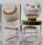 Lot# 369 AUTOGRAPHED AMERICAN AND NATIONAL LEAGUE BASEBALLS, 4 PCS., includes: two Official American League baseballs one signed by Bob Feller and one by Jim Palmer; one Official National League baseball signed by Enos Slaughter plus one Franklin 'Official League' baseball signed by Bill Mazerowski and Willie Stargell.