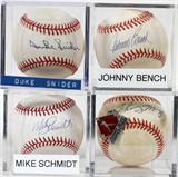 Lot# 373 MIKE SCHMIDT, JOHNNY BENCH, DUKE SNIDER AND JOHNNY MIZE AUTOGRAPHED BASEBALLS, 4 PCS., Hall Of Fame players Mike Schmidt, Johnny Bench signed balls with certificates of authenticity from Brandywine Collectables; additional balls signed by Duke Snider and Johnny Mize (without certificates); all signed on Wm White Official National League baseballs and mounted in plastic protective containers.