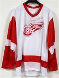 Lot# 384 GORDIE HOWE AUTOGRAPHED, DETROIT RED WINGS, CCM REPLICA WHITE JERSEY, CCM brand NHL replica white away jersey signed by Gordie Howe; unframed